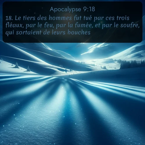 Segond Apocalypse  ; image nature: image avec le verset biblique :Le tiers des hommes fut tué par ces trois fléaux, par le feu, par la fumée, et par le soufre, qui sortaient de leurs bouches. ;  ; 9:18