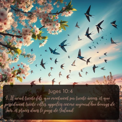 Segond Juges  ; image nature: image avec le verset biblique :Il avait trente fils, qui montaient sur trente ânons, et qui possédaient trente villes, appelées encore aujourd&#039;hui bourgs de Jaïr, et situées dans le pays de Galaad. ;  ; 10:4