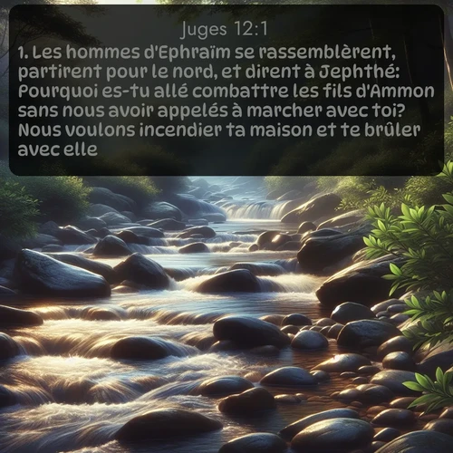 Segond Juges  ; image nature: image avec le verset biblique :Les hommes d&#039;Ephraïm se rassemblèrent, partirent pour le nord, et dirent à Jephthé: Pourquoi es-tu allé combattre les fils d&#039;Ammon sans nous avoir appelés à marcher avec toi? Nous voulons incendier ta maison et te brûler avec elle. ;  ; 12:1