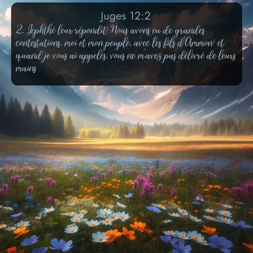 Segond Juges  ; image nature: image avec le verset biblique :Jephthé leur répondit: Nous avons eu de grandes contestations, moi et mon peuple, avec les fils d&#039;Ammon; et quand je vous ai appelés, vous ne m&#039;avez pas délivré de leurs mains. ;  ; 12:2
