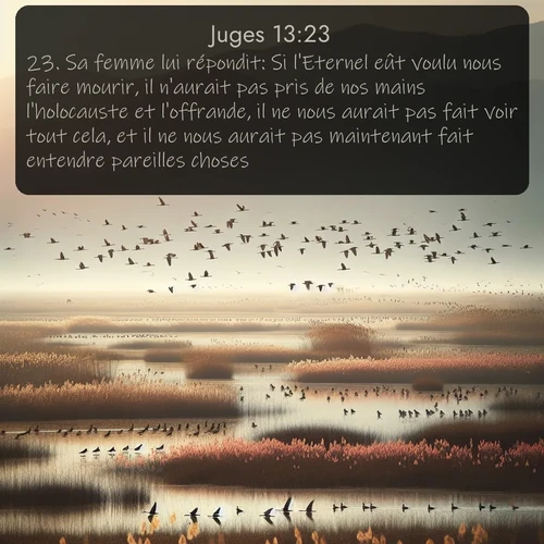 Segond Juges  ; image nature: image avec le verset biblique :Sa femme lui répondit: Si l&#039;Eternel eût voulu nous faire mourir, il n&#039;aurait pas pris de nos mains l&#039;holocauste et l&#039;offrande, il ne nous aurait pas fait voir tout cela, et il ne nous aurait pas maintenant fait entendre pareilles choses. ;  ; 13:23
