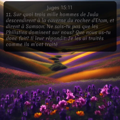 Segond Juges  ; image nature: image avec le verset biblique :Sur quoi trois mille hommes de Juda descendirent à la caverne du rocher d&#039;Etam, et dirent à Samson: Ne sais-tu pas que les Philistins dominent sur nous? Que nous as-tu donc fait? Il leur répondit: Je les ai traités comme ils m&#039;ont traité. ;  ; 15:11