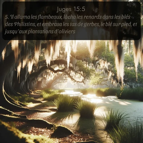 Segond Juges  ; image nature: image avec le verset biblique :Il alluma les flambeaux, lâcha les renards dans les blés des Philistins, et embrasa les tas de gerbes, le blé sur pied, et jusqu&#039;aux plantations d&#039;oliviers. ;  ; 15:5