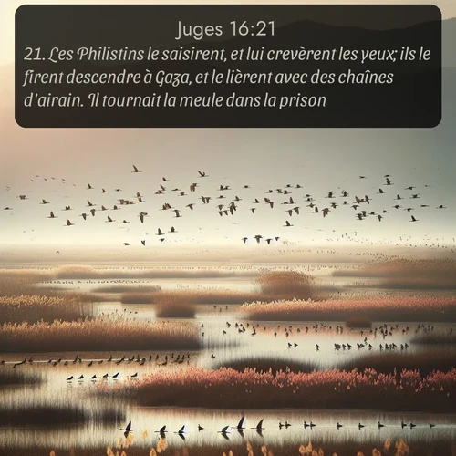 Segond Juges  ; image nature: image avec le verset biblique :Les Philistins le saisirent, et lui crevèrent les yeux; ils le firent descendre à Gaza, et le lièrent avec des chaînes d&#039;airain. Il tournait la meule dans la prison. ;  ; 16:21