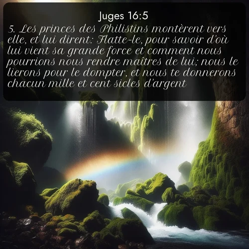Segond Juges  ; image nature: image avec le verset biblique :Les princes des Philistins montèrent vers elle, et lui dirent: Flatte-le, pour savoir d&#039;où lui vient sa grande force et comment nous pourrions nous rendre maîtres de lui; nous le lierons pour le dompter, et nous te donnerons chacun mille et cent sicles d&#039;argent. ;  ; 16:5