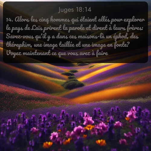 Segond Juges  ; image nature: image avec le verset biblique :Alors les cinq hommes qui étaient allés pour explorer le pays de Laïs prirent la parole et dirent à leurs frères: Savez-vous qu&#039;il y a dans ces maisons-là un éphod, des théraphim, une image taillée et une image en fonte? Voyez maintenant ce que vous avez à faire. ;  ; 18:14