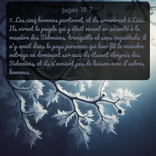Segond Juges  ; image nature: image avec le verset biblique :Les cinq hommes partirent, et ils arrivèrent à Laïs. Ils virent le peuple qui y était vivant en sécurité à la manière des Sidoniens, tranquille et sans inquiétude; il n&#039;y avait dans le pays personne qui leur fît le moindre outrage en dominant sur eux; ils étaient éloignés des Sidoniens, et ils n&#039;avaient pas de liaison avec d&#039;autres hommes. ;  ; 18:7