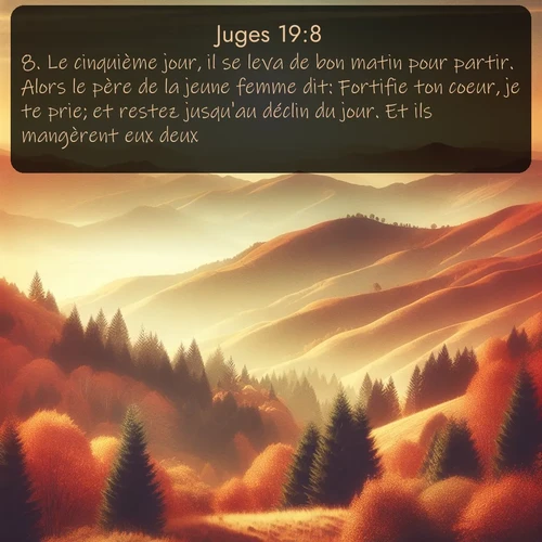 Segond Juges  ; image nature: image avec le verset biblique :Le cinquième jour, il se leva de bon matin pour partir. Alors le père de la jeune femme dit: Fortifie ton coeur, je te prie; et restez jusqu&#039;au déclin du jour. Et ils mangèrent eux deux. ;  ; 19:8