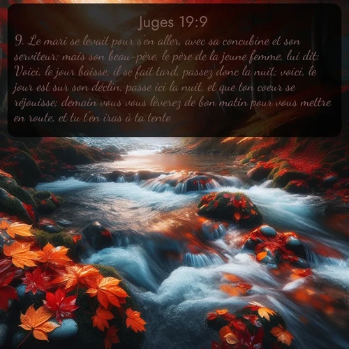 Segond Juges  ; image nature: image avec le verset biblique :Le mari se levait pour s&#039;en aller, avec sa concubine et son serviteur; mais son beau-père, le père de la jeune femme, lui dit: Voici, le jour baisse, il se fait tard, passez donc la nuit; voici, le jour est sur son déclin, passe ici la nuit, et que ton coeur se réjouisse; demain vous vous lèverez de bon matin pour vous mettre en route, et tu t&#039;en iras à ta tente. ;  ; 19:9