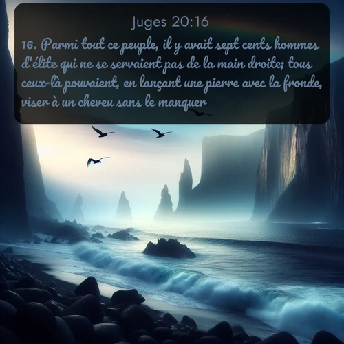 Segond Juges  ; image nature: image avec le verset biblique :Parmi tout ce peuple, il y avait sept cents hommes d&#039;élite qui ne se servaient pas de la main droite; tous ceux-là pouvaient, en lançant une pierre avec la fronde, viser à un cheveu sans le manquer. ;  ; 20:16