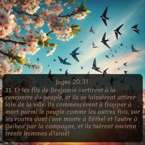 Segond Juges  ; image nature: image avec le verset biblique :Et les fils de Benjamin sortirent à la rencontre du peuple, et ils se laissèrent attirer loin de la ville. Ils commencèrent à frapper à mort parmi le peuple comme les autres fois, sur les routes dont l&#039;une monte à Béthel et l&#039;autre à Guibea par la campagne, et ils tuèrent environ trente hommes d&#039;Israël. ;  ; 20:31