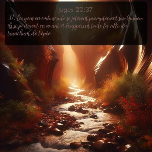 Segond Juges  ; image nature: image avec le verset biblique :Les gens en embuscade se jetèrent promptement sur Guibea, ils se portèrent en avant et frappèrent toute la ville du tranchant de l&#039;épée. ;  ; 20:37