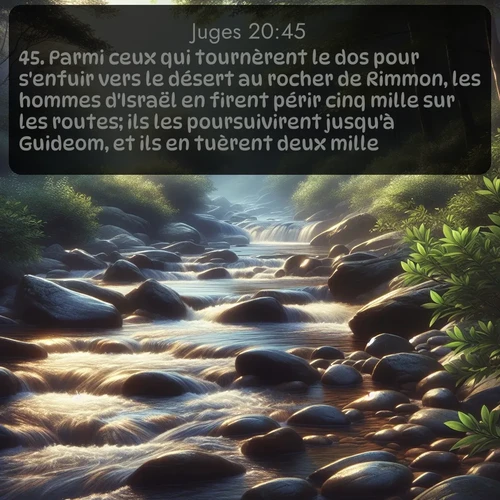 Segond Juges  ; image nature: image avec le verset biblique :Parmi ceux qui tournèrent le dos pour s&#039;enfuir vers le désert au rocher de Rimmon, les hommes d&#039;Israël en firent périr cinq mille sur les routes; ils les poursuivirent jusqu&#039;à Guideom, et ils en tuèrent deux mille. ;  ; 20:45