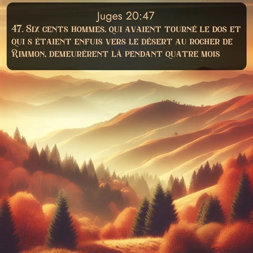 Segond Juges  ; image nature: image avec le verset biblique :Six cents hommes, qui avaient tourné le dos et qui s&#039;étaient enfuis vers le désert au rocher de Rimmon, demeurèrent là pendant quatre mois. ;  ; 20:47