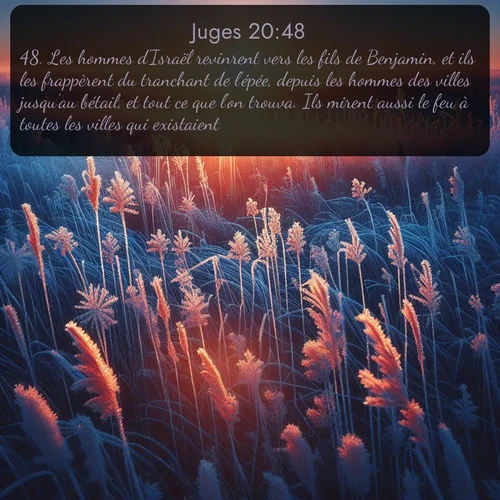 Segond Juges  ; image nature: image avec le verset biblique :Les hommes d&#039;Israël revinrent vers les fils de Benjamin, et ils les frappèrent du tranchant de l&#039;épée, depuis les hommes des villes jusqu&#039;au bétail, et tout ce que l&#039;on trouva. Ils mirent aussi le feu à toutes les villes qui existaient. ;  ; 20:48