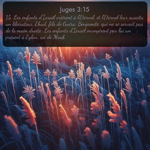 Segond Juges  ; image nature: image avec le verset biblique :Les enfants d&#039;Israël crièrent à l&#039;Eternel, et l&#039;Eternel leur suscita un libérateur, Ehud, fils de Guéra, Benjamite, qui ne se servait pas de la main droite. Les enfants d&#039;Israël envoyèrent par lui un présent à Eglon, roi de Moab. ;  ; 3:15