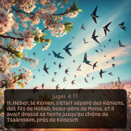 Segond Juges  ; image nature: image avec le verset biblique :Héber, le Kénien, s&#039;était séparé des Kéniens, des fils de Hobab, beau-père de Moïse, et il avait dressé sa tente jusqu&#039;au chêne de Tsaannaïm, près de Kédesch. ;  ; 4:11
