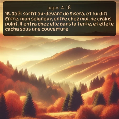 Segond Juges  ; image nature: image avec le verset biblique :Jaël sortit au-devant de Sisera, et lui dit: Entre, mon seigneur, entre chez moi, ne crains point. Il entra chez elle dans la tente, et elle le cacha sous une couverture. ;  ; 4:18