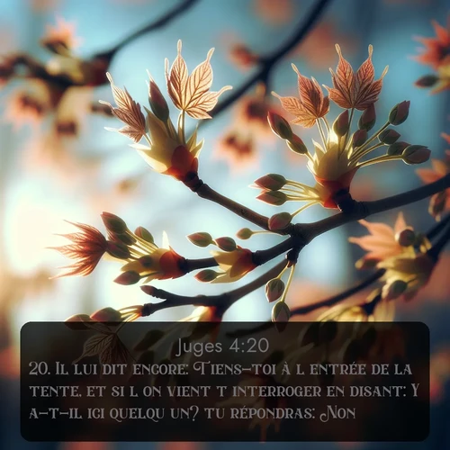 Segond Juges  ; image nature: image avec le verset biblique :Il lui dit encore: Tiens-toi à l&#039;entrée de la tente, et si l&#039;on vient t&#039;interroger en disant: Y a-t-il ici quelqu&#039;un? tu répondras: Non. ;  ; 4:20