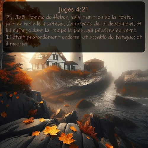 Segond Juges  ; image nature: image avec le verset biblique :Jaël, femme de Héber, saisit un pieu de la tente, prit en main le marteau, s&#039;approcha de lui doucement, et lui enfonça dans la tempe le pieu, qui pénétra en terre. Il était profondément endormi et accablé de fatigue; et il mourut. ;  ; 4:21