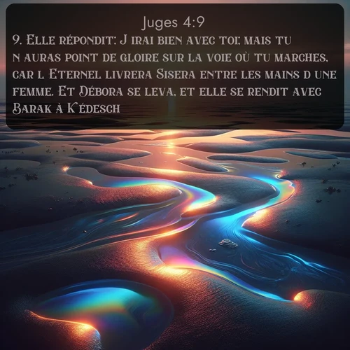 Segond Juges  ; image nature: image avec le verset biblique :Elle répondit: J&#039;irai bien avec toi; mais tu n&#039;auras point de gloire sur la voie où tu marches, car l&#039;Eternel livrera Sisera entre les mains d&#039;une femme. Et Débora se leva, et elle se rendit avec Barak à Kédesch. ;  ; 4:9