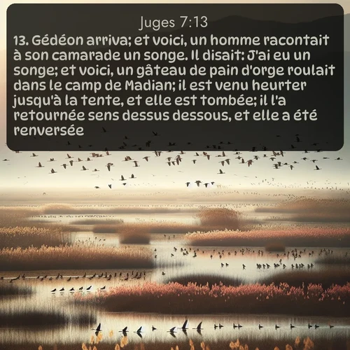 Segond Juges  ; image nature: image avec le verset biblique :Gédéon arriva; et voici, un homme racontait à son camarade un songe. Il disait: J&#039;ai eu un songe; et voici, un gâteau de pain d&#039;orge roulait dans le camp de Madian; il est venu heurter jusqu&#039;à la tente, et elle est tombée; il l&#039;a retournée sens dessus dessous, et elle a été renversée. ;  ; 7:13