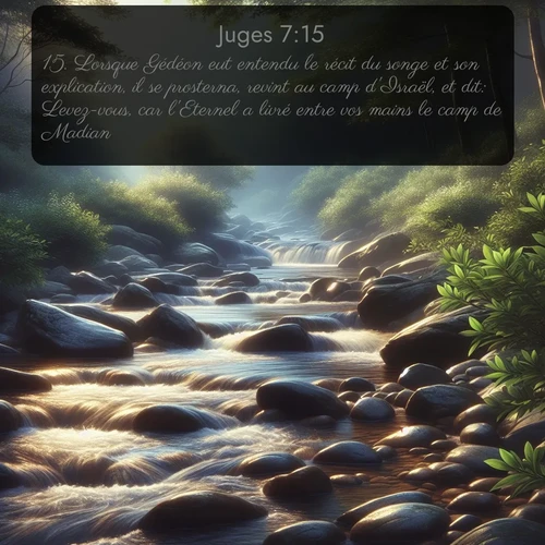 Segond Juges  ; image nature: image avec le verset biblique :Lorsque Gédéon eut entendu le récit du songe et son explication, il se prosterna, revint au camp d&#039;Israël, et dit: Levez-vous, car l&#039;Eternel a livré entre vos mains le camp de Madian. ;  ; 7:15