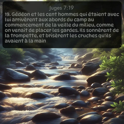 Segond Juges  ; image nature: image avec le verset biblique :Gédéon et les cent hommes qui étaient avec lui arrivèrent aux abords du camp au commencement de la veille du milieu, comme on venait de placer les gardes. Ils sonnèrent de la trompette, et brisèrent les cruches qu&#039;ils avaient à la main. ;  ; 7:19