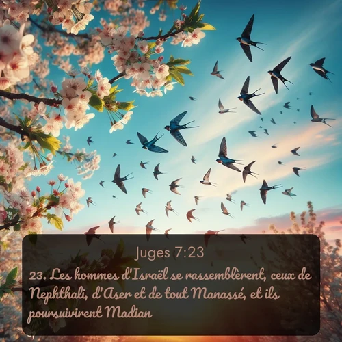 Segond Juges  ; image nature: image avec le verset biblique :Les hommes d&#039;Israël se rassemblèrent, ceux de Nephthali, d&#039;Aser et de tout Manassé, et ils poursuivirent Madian. ;  ; 7:23