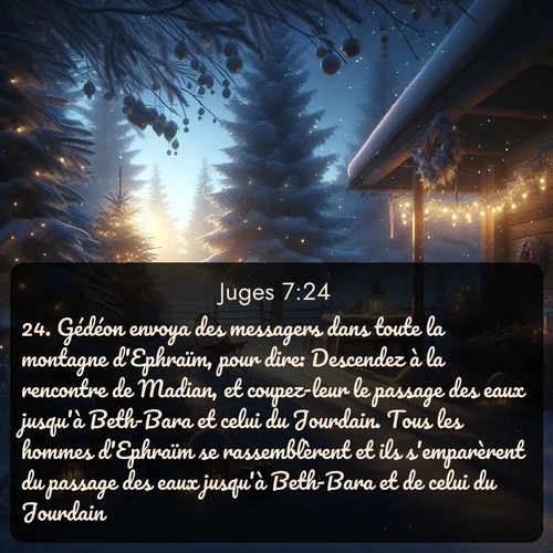 Segond Juges  ; image nature: image avec le verset biblique :Gédéon envoya des messagers dans toute la montagne d&#039;Ephraïm, pour dire: Descendez à la rencontre de Madian, et coupez-leur le passage des eaux jusqu&#039;à Beth-Bara et celui du Jourdain. Tous les hommes d&#039;Ephraïm se rassemblèrent et ils s&#039;emparèrent du passage des eaux jusqu&#039;à Beth-Bara et de celui du Jourdain. ;  ; 7:24