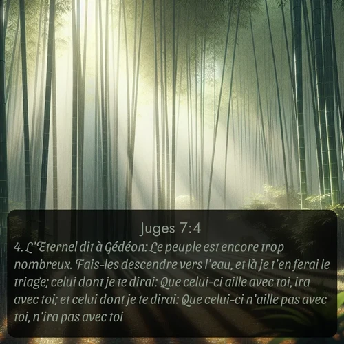 Segond Juges  ; image nature: image avec le verset biblique :L&#039;Eternel dit à Gédéon: Le peuple est encore trop nombreux. Fais-les descendre vers l&#039;eau, et là je t&#039;en ferai le triage; celui dont je te dirai: Que celui-ci aille avec toi, ira avec toi; et celui dont je te dirai: Que celui-ci n&#039;aille pas avec toi, n&#039;ira pas avec toi. ;  ; 7:4