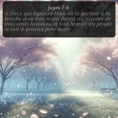 Segond Juges  ; image nature: image avec le verset biblique :Ceux qui lapèrent l&#039;eau en la portant à la bouche avec leur main furent au nombre de trois cents hommes, et tout le reste du peuple se mit à genoux pour boire. ;  ; 7:6