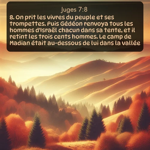 Segond Juges  ; image nature: image avec le verset biblique :On prit les vivres du peuple et ses trompettes. Puis Gédéon renvoya tous les hommes d&#039;Israël chacun dans sa tente, et il retint les trois cents hommes. Le camp de Madian était au-dessous de lui dans la vallée. ;  ; 7:8