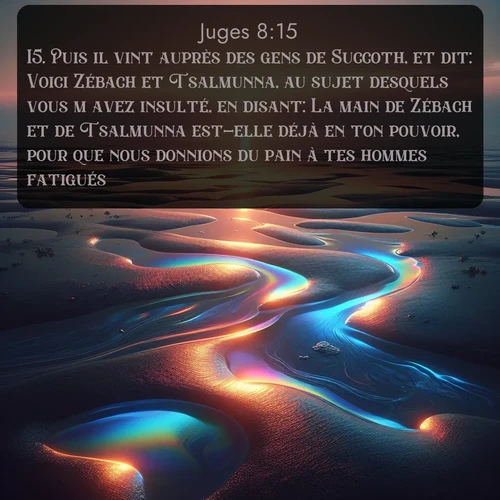 Segond Juges  ; image nature: image avec le verset biblique :Puis il vint auprès des gens de Succoth, et dit: Voici Zébach et Tsalmunna, au sujet desquels vous m&#039;avez insulté, en disant: La main de Zébach et de Tsalmunna est-elle déjà en ton pouvoir, pour que nous donnions du pain à tes hommes fatigués? ;  ; 8:15