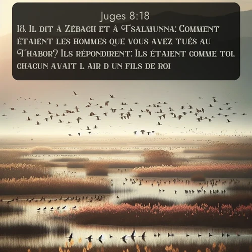 Segond Juges  ; image nature: image avec le verset biblique :Il dit à Zébach et à Tsalmunna: Comment étaient les hommes que vous avez tués au Thabor? Ils répondirent: Ils étaient comme toi, chacun avait l&#039;air d&#039;un fils de roi. ;  ; 8:18