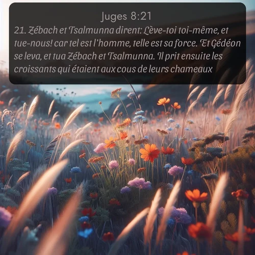 Segond Juges  ; image nature: image avec le verset biblique :Zébach et Tsalmunna dirent: Lève-toi toi-même, et tue-nous! car tel est l&#039;homme, telle est sa force. Et Gédéon se leva, et tua Zébach et Tsalmunna. Il prit ensuite les croissants qui étaient aux cous de leurs chameaux. ;  ; 8:21