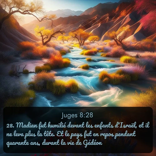 Segond Juges  ; image nature: image avec le verset biblique :Madian fut humilié devant les enfants d&#039;Israël, et il ne leva plus la tête. Et le pays fut en repos pendant quarante ans, durant la vie de Gédéon. ;  ; 8:28