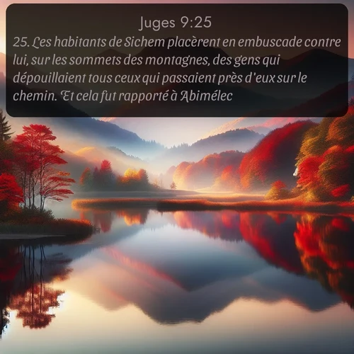 Segond Juges  ; image nature: image avec le verset biblique :Les habitants de Sichem placèrent en embuscade contre lui, sur les sommets des montagnes, des gens qui dépouillaient tous ceux qui passaient près d&#039;eux sur le chemin. Et cela fut rapporté à Abimélec. ;  ; 9:25