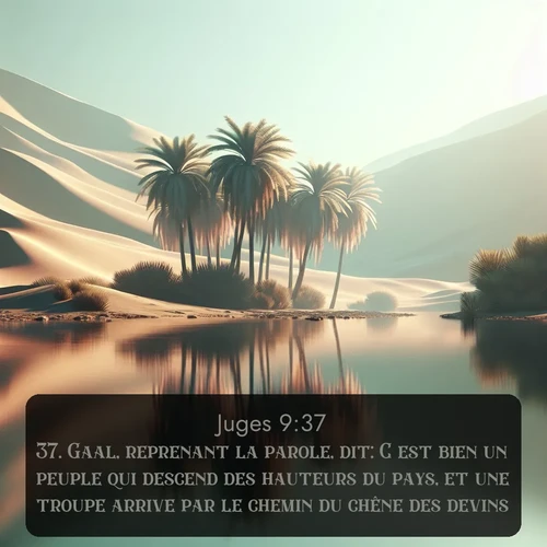 Segond Juges  ; image nature: image avec le verset biblique :Gaal, reprenant la parole, dit: C&#039;est bien un peuple qui descend des hauteurs du pays, et une troupe arrive par le chemin du chêne des devins. ;  ; 9:37