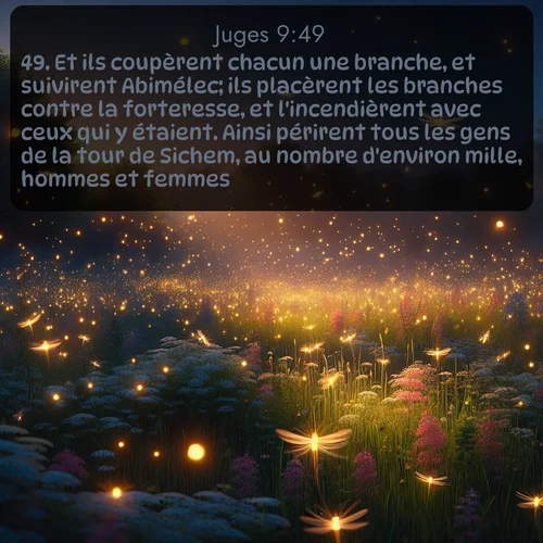 Segond Juges  ; image nature: image avec le verset biblique :Et ils coupèrent chacun une branche, et suivirent Abimélec; ils placèrent les branches contre la forteresse, et l&#039;incendièrent avec ceux qui y étaient. Ainsi périrent tous les gens de la tour de Sichem, au nombre d&#039;environ mille, hommes et femmes. ;  ; 9:49