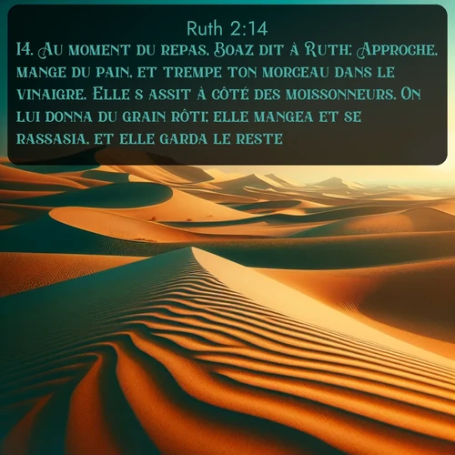 Segond Ruth  ; image nature: image avec le verset biblique :Au moment du repas, Boaz dit à Ruth: Approche, mange du pain, et trempe ton morceau dans le vinaigre. Elle s&#039;assit à côté des moissonneurs. On lui donna du grain rôti; elle mangea et se rassasia, et elle garda le reste. ;  ; 2:14