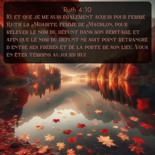Segond Ruth  ; image nature: image avec le verset biblique :et que je me suis également acquis pour femme Ruth la Moabite, femme de Machlon, pour relever le nom du défunt dans son héritage, et afin que le nom du défunt ne soit point retranché d&#039;entre ses frères et de la porte de son lieu. Vous en êtes témoins aujourd&#039;hui! ;  ; 4:10