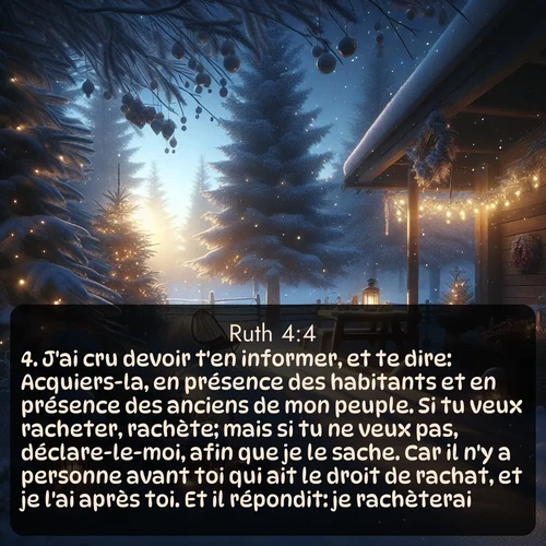 Segond Ruth  ; image nature: image avec le verset biblique :J&#039;ai cru devoir t&#039;en informer, et te dire: Acquiers-la, en présence des habitants et en présence des anciens de mon peuple. Si tu veux racheter, rachète; mais si tu ne veux pas, déclare-le-moi, afin que je le sache. Car il n&#039;y a personne avant toi qui ait le droit de rachat, et je l&#039;ai après toi. Et il répondit: je rachèterai. ;  ; 4:4