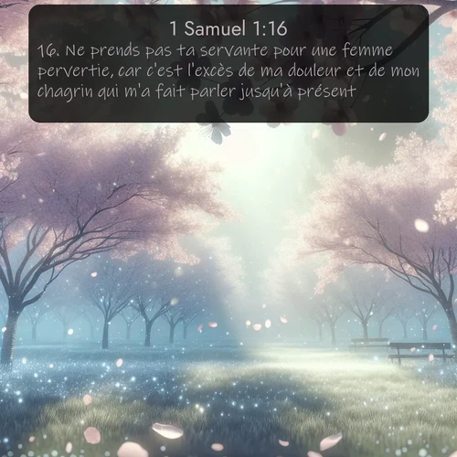 Segond 1 Samuel  ; image nature: image avec le verset biblique :Ne prends pas ta servante pour une femme pervertie, car c&#039;est l&#039;excès de ma douleur et de mon chagrin qui m&#039;a fait parler jusqu&#039;à présent. ;  ; 1:16