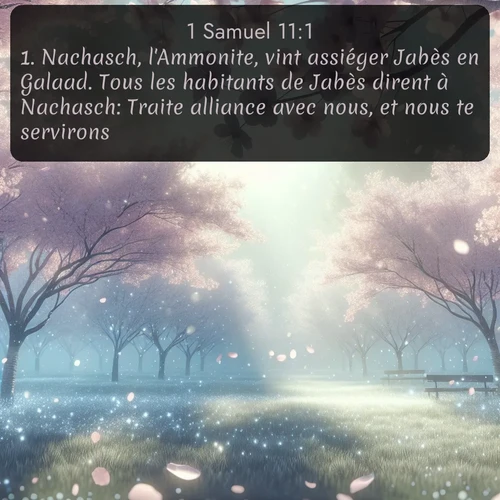 Segond 1 Samuel  ; image nature: image avec le verset biblique :Nachasch, l&#039;Ammonite, vint assiéger Jabès en Galaad. Tous les habitants de Jabès dirent à Nachasch: Traite alliance avec nous, et nous te servirons. ;  ; 11:1