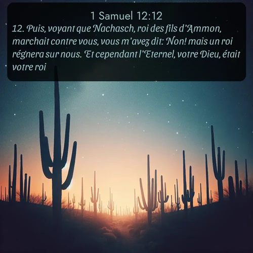 Segond 1 Samuel  ; image nature: image avec le verset biblique :Puis, voyant que Nachasch, roi des fils d&#039;Ammon, marchait contre vous, vous m&#039;avez dit: Non! mais un roi régnera sur nous. Et cependant l&#039;Eternel, votre Dieu, était votre roi. ;  ; 12:12