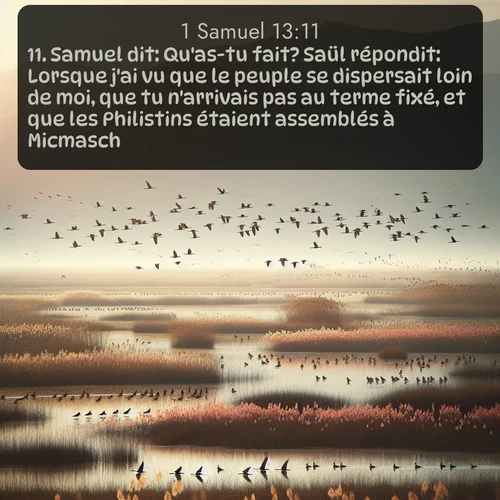 Segond 1 Samuel  ; image nature: image avec le verset biblique :Samuel dit: Qu&#039;as-tu fait? Saül répondit: Lorsque j&#039;ai vu que le peuple se dispersait loin de moi, que tu n&#039;arrivais pas au terme fixé, et que les Philistins étaient assemblés à Micmasch, ;  ; 13:11