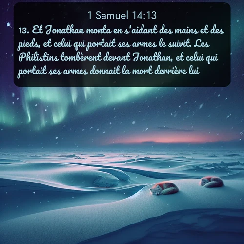Segond 1 Samuel  ; image nature: image avec le verset biblique :Et Jonathan monta en s&#039;aidant des mains et des pieds, et celui qui portait ses armes le suivit. Les Philistins tombèrent devant Jonathan, et celui qui portait ses armes donnait la mort derrière lui. ;  ; 14:13