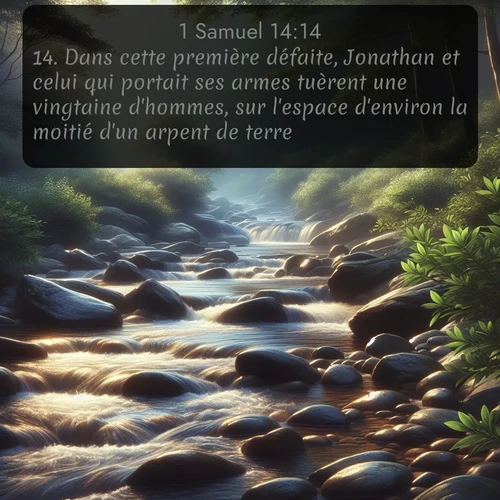 Segond 1 Samuel  ; image nature: image avec le verset biblique :Dans cette première défaite, Jonathan et celui qui portait ses armes tuèrent une vingtaine d&#039;hommes, sur l&#039;espace d&#039;environ la moitié d&#039;un arpent de terre. ;  ; 14:14