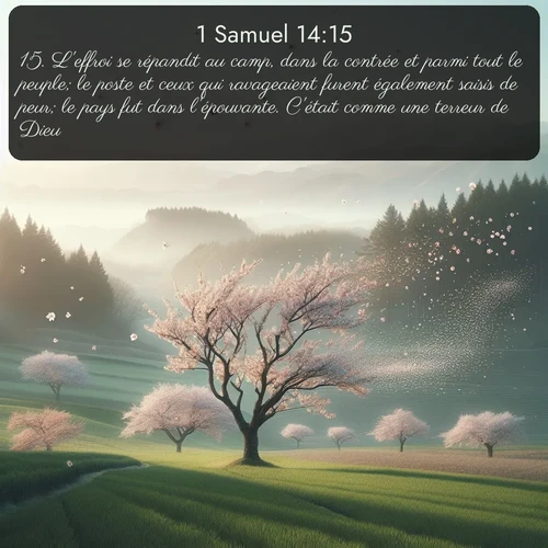 Segond 1 Samuel  ; image nature: image avec le verset biblique :L&#039;effroi se répandit au camp, dans la contrée et parmi tout le peuple; le poste et ceux qui ravageaient furent également saisis de peur; le pays fut dans l&#039;épouvante. C&#039;était comme une terreur de Dieu. ;  ; 14:15